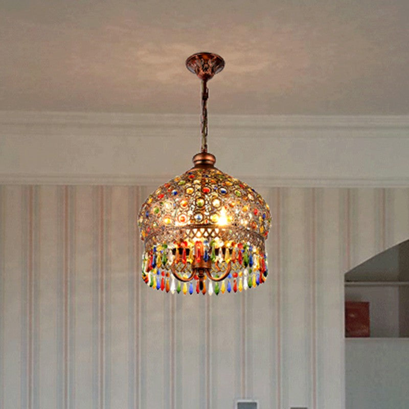 Shaded Colored Crystal Suspension Light Bohemian Restaurant Pendant Light Fixture in Copper