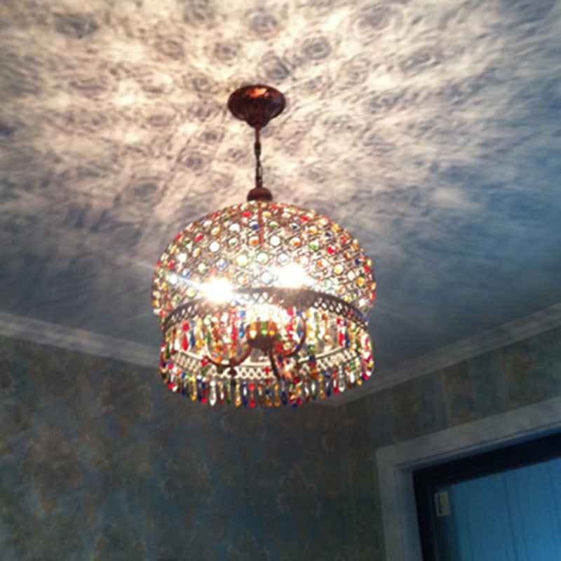 Shaded Colored Crystal Suspension Light Bohemian Restaurant Pendant Light Fixture in Copper