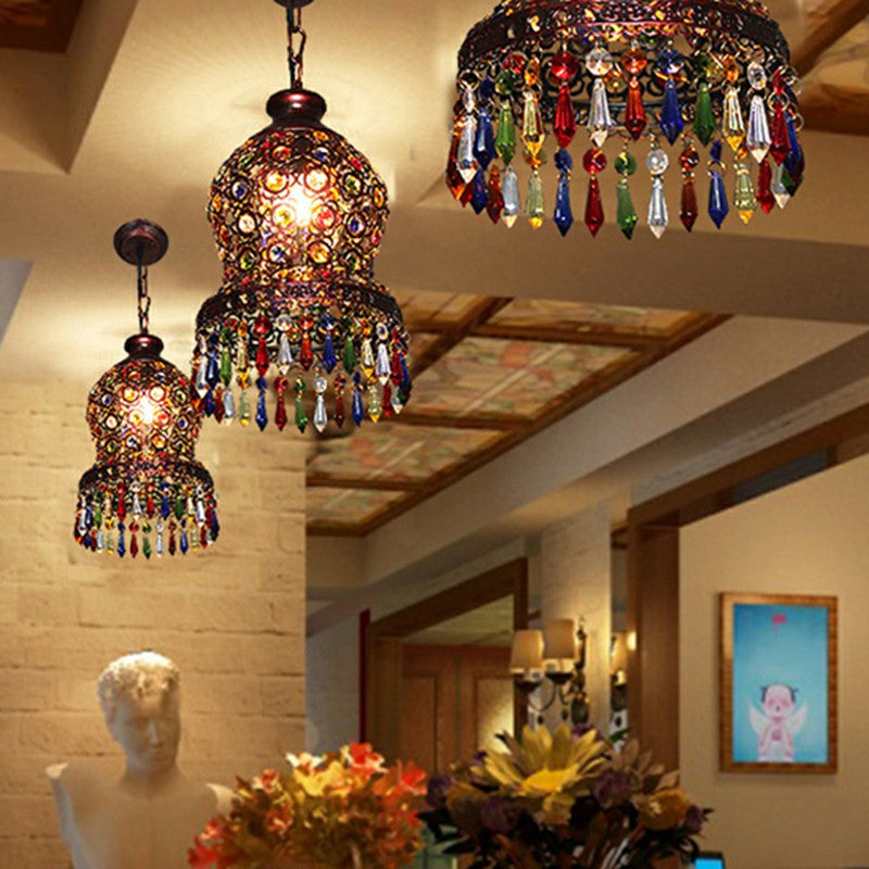 Shaded Colored Crystal Suspension Light Bohemian Restaurant Pendant Light Fixture in Copper