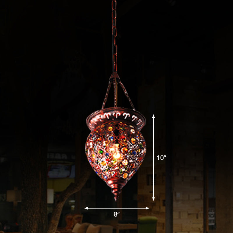 Shaded Colored Crystal Suspension Light Bohemian Restaurant Pendant Light Fixture in Copper
