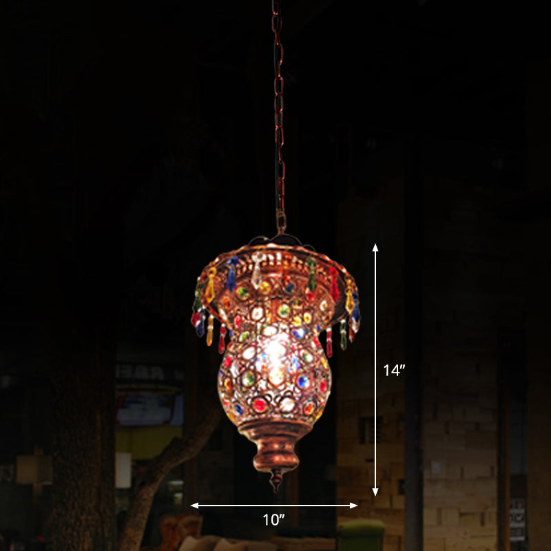 Shaded Colored Crystal Suspension Light Bohemian Restaurant Pendant Light Fixture in Copper