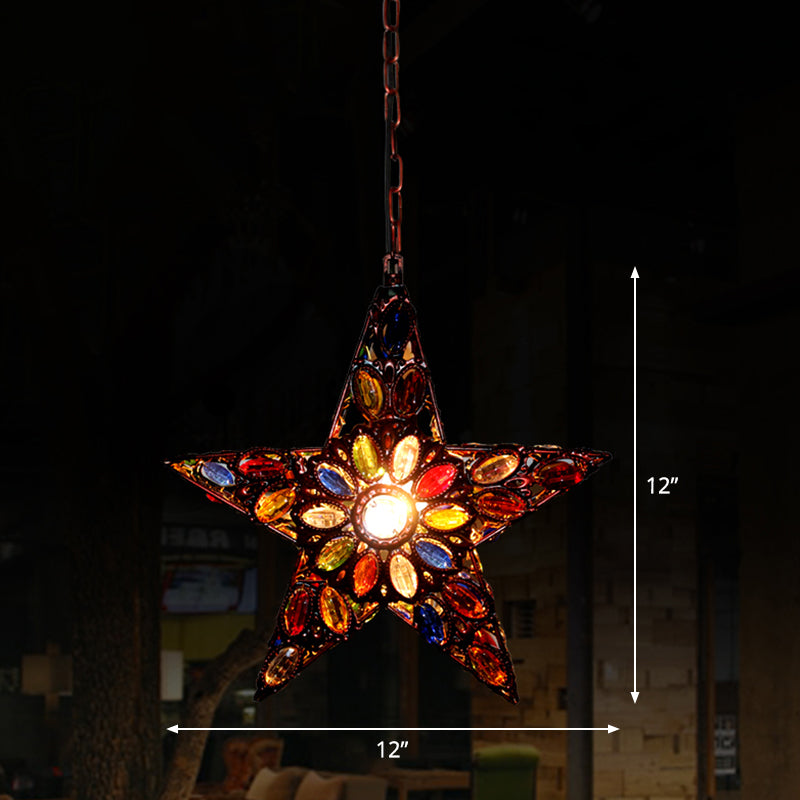 Shaded Colored Crystal Suspension Light Bohemian Restaurant Pendant Light Fixture in Copper