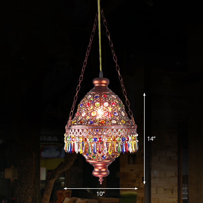 Shaded Colored Crystal Suspension Light Bohemian Restaurant Pendant Light Fixture in Copper
