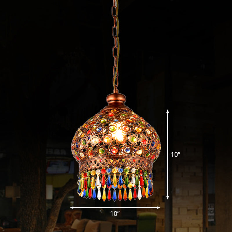 Shaded Colored Crystal Suspension Light Bohemian Restaurant Pendant Light Fixture in Copper