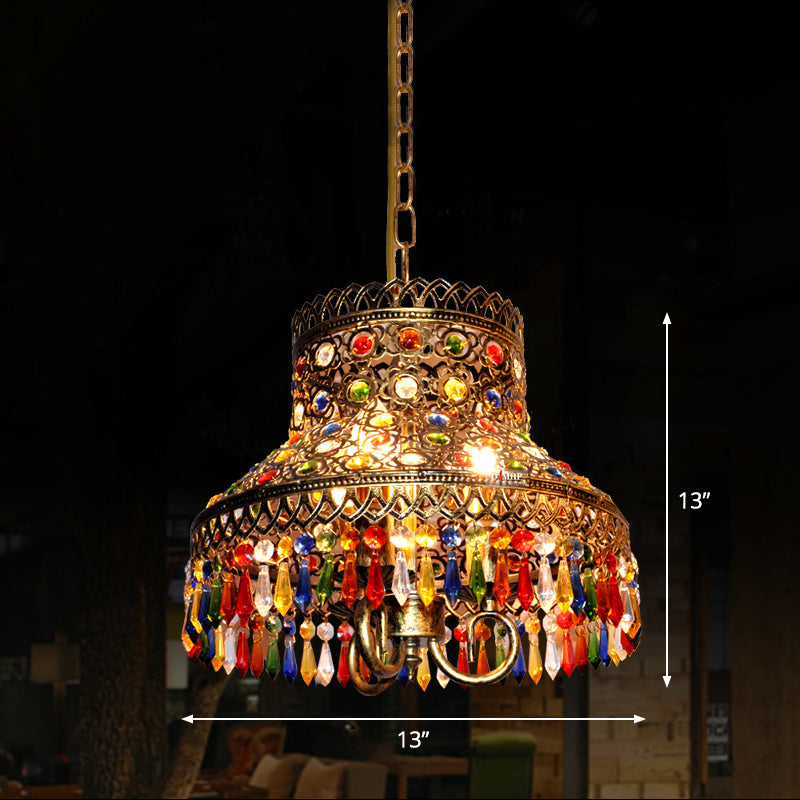 Shaded Colored Crystal Suspension Light Bohemian Restaurant Pendant Light Fixture in Copper