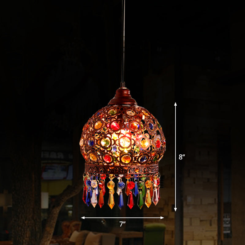 Shaded Colored Crystal Suspension Light Bohemian Restaurant Pendant Light Fixture in Copper