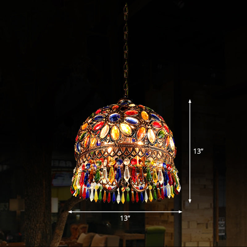Shaded Colored Crystal Suspension Light Bohemian Restaurant Pendant Light Fixture in Copper