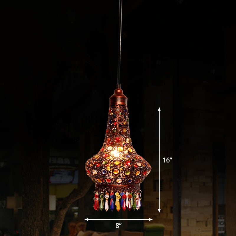 Shaded Colored Crystal Suspension Light Bohemian Restaurant Pendant Light Fixture in Copper