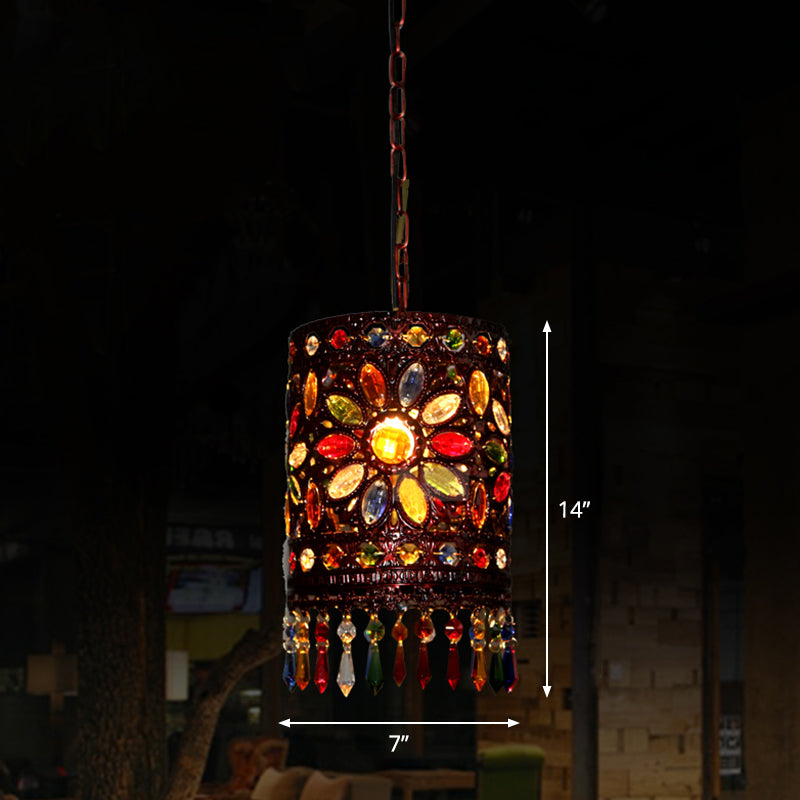 Shaded Colored Crystal Suspension Light Bohemian Restaurant Pendant Light Fixture in Copper