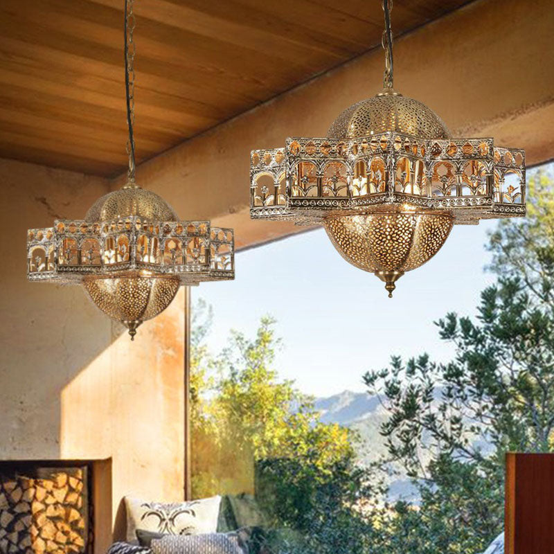 Metallic Hollow out Pendant Light Vintage 8 Bulbs Restaurant Suspension Light Fixture in Bronze