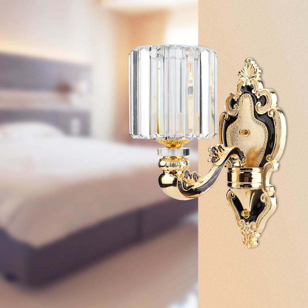 Rectangular-Cut Crystal Cylinder Sconce Light Contemporary 1 Light Bedroom Wall Mount Light in Gold