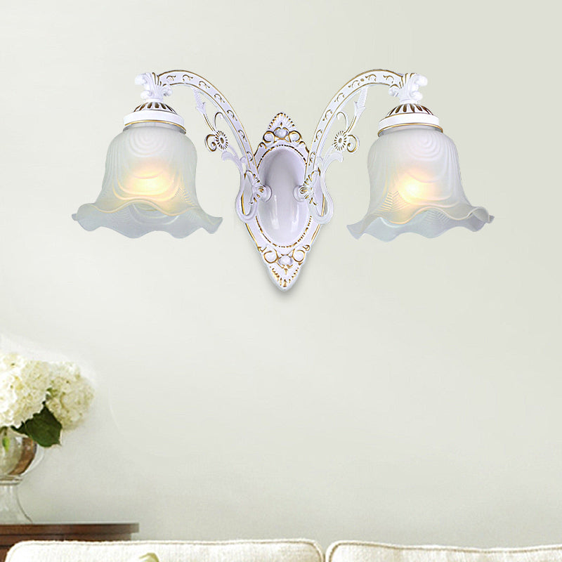 Black/White Blossom Wall Sconce Lighting Traditional Metal 1/2-Light Living Room Sconce Light with Frosted Glass Shade