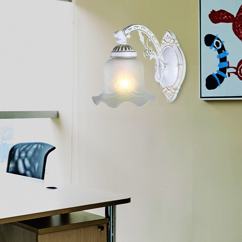 Black/White Blossom Wall Sconce Lighting Traditional Metal 1/2-Light Living Room Sconce Light with Frosted Glass Shade
