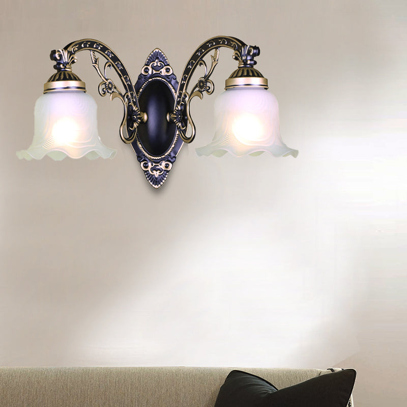 Black/White Blossom Wall Sconce Lighting Traditional Metal 1/2-Light Living Room Sconce Light with Frosted Glass Shade