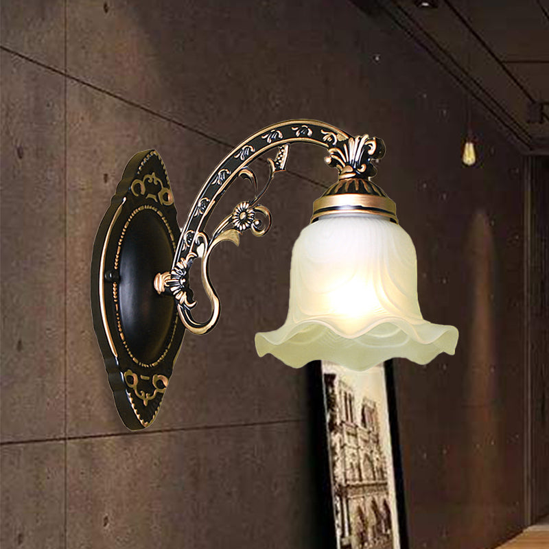 Black/White Blossom Wall Sconce Lighting Traditional Metal 1/2-Light Living Room Sconce Light with Frosted Glass Shade