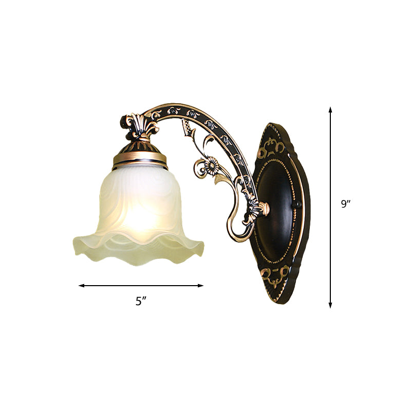 Black/White Blossom Wall Sconce Lighting Traditional Metal 1/2-Light Living Room Sconce Light with Frosted Glass Shade