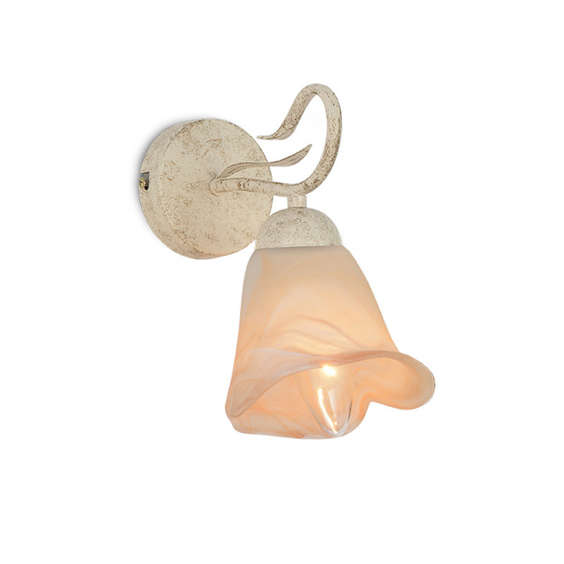 Frosted Glass Distressed White Sconce Floral Single Light Traditional Wall Mount Light with Round Backplate for Bedroom