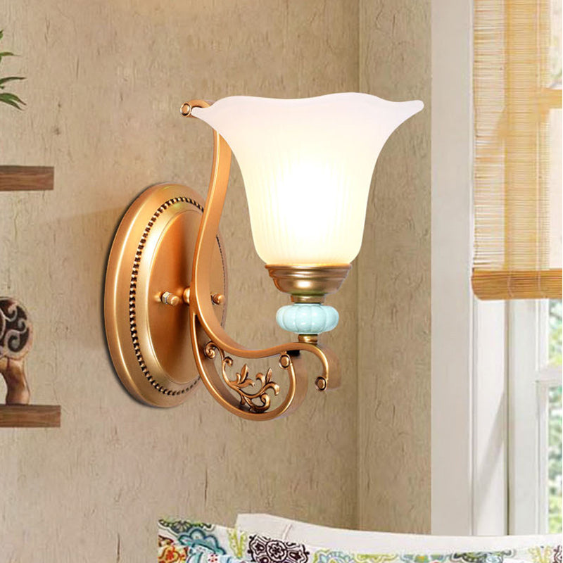 Traditional Scalloped Wall Mounted Lamp 1/2-Light Milky Glass Shade Wall Sconce Light in Gold for Bedroom