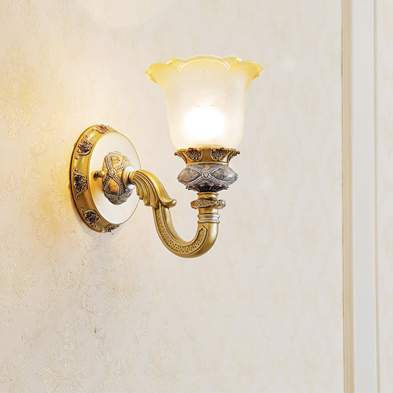 Vintage Flower Wall Light 1 Light Frosted Glass Wall Sconce Lighting with Metal Carved Arm in Gold for Foyer