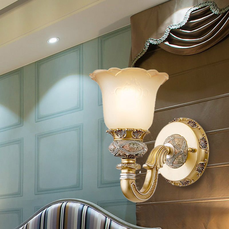 Vintage Flower Wall Light 1 Light Frosted Glass Wall Sconce Lighting with Metal Carved Arm in Gold for Foyer