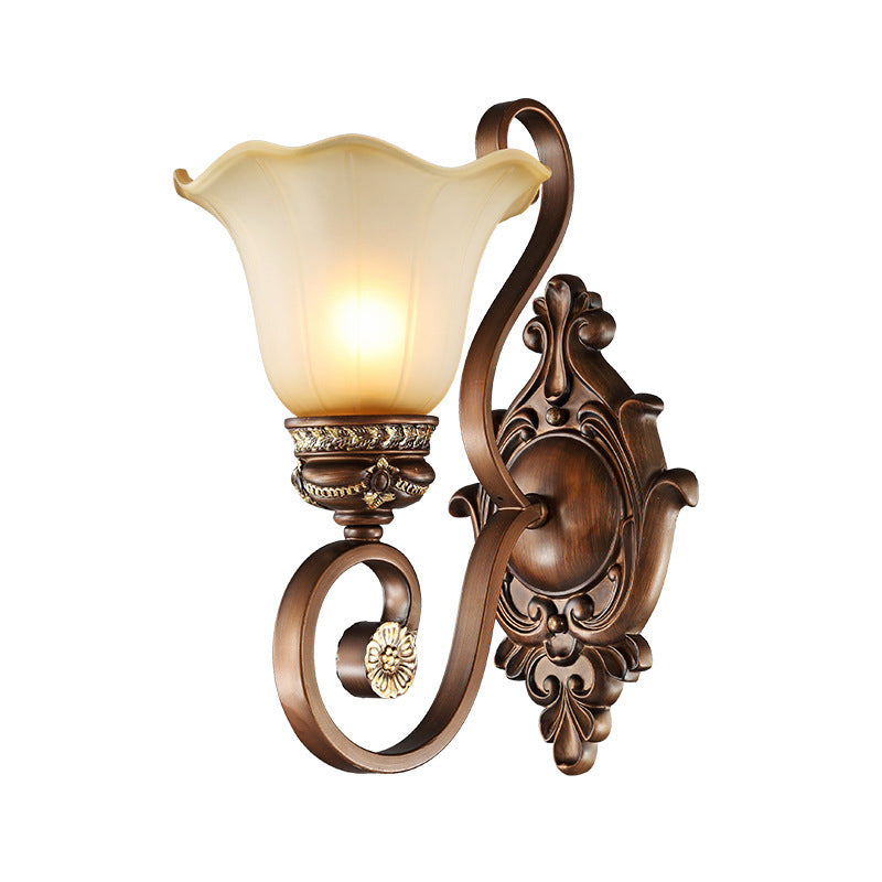 Retro Floral Wall Lamp 1 Light Frosted Glass Wall Sconce Light with Metal Curved Arm in Brown for Porch