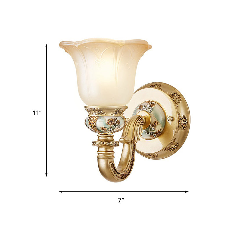 1 Bulb White Glass Wall Sconce Traditional Gold Floral Shade Dining Room Sconce Light with Arched Arm
