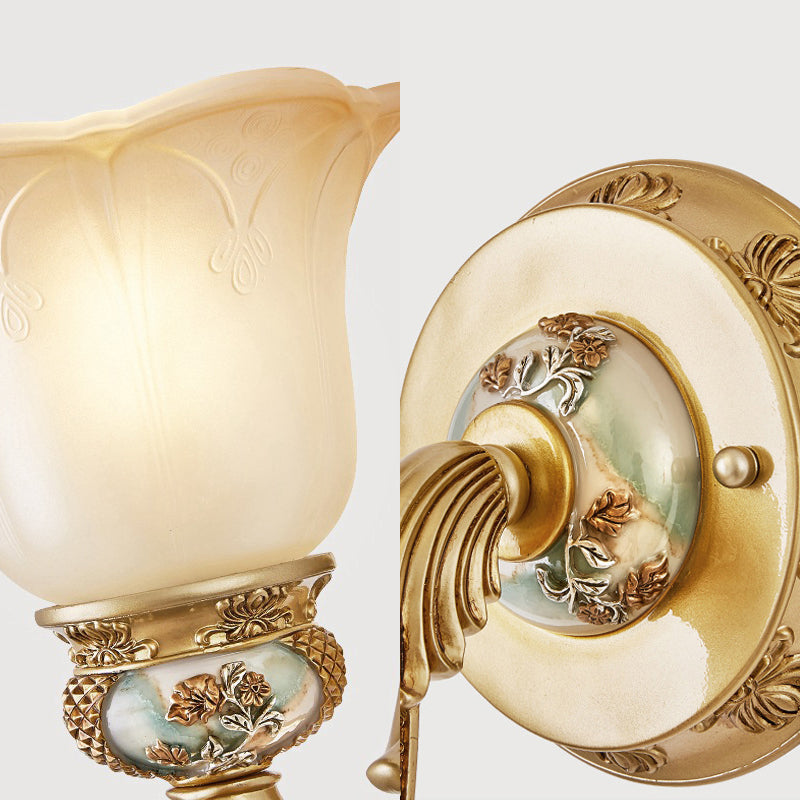 1 Bulb White Glass Wall Sconce Traditional Gold Floral Shade Dining Room Sconce Light with Arched Arm
