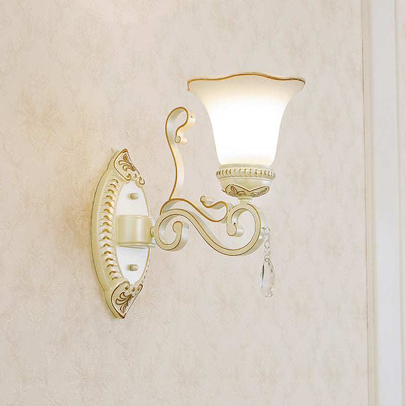 1/2-Bulb Frosted Glass Wall Lamp White Floral Shade Living Room Sconce Light with Crystal Accent