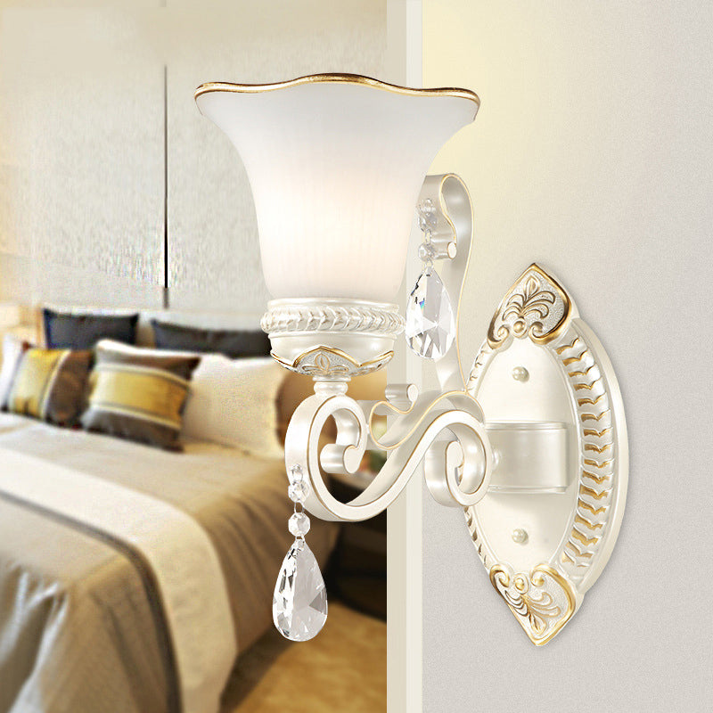 1/2-Bulb Frosted Glass Wall Lamp White Floral Shade Living Room Sconce Light with Crystal Accent