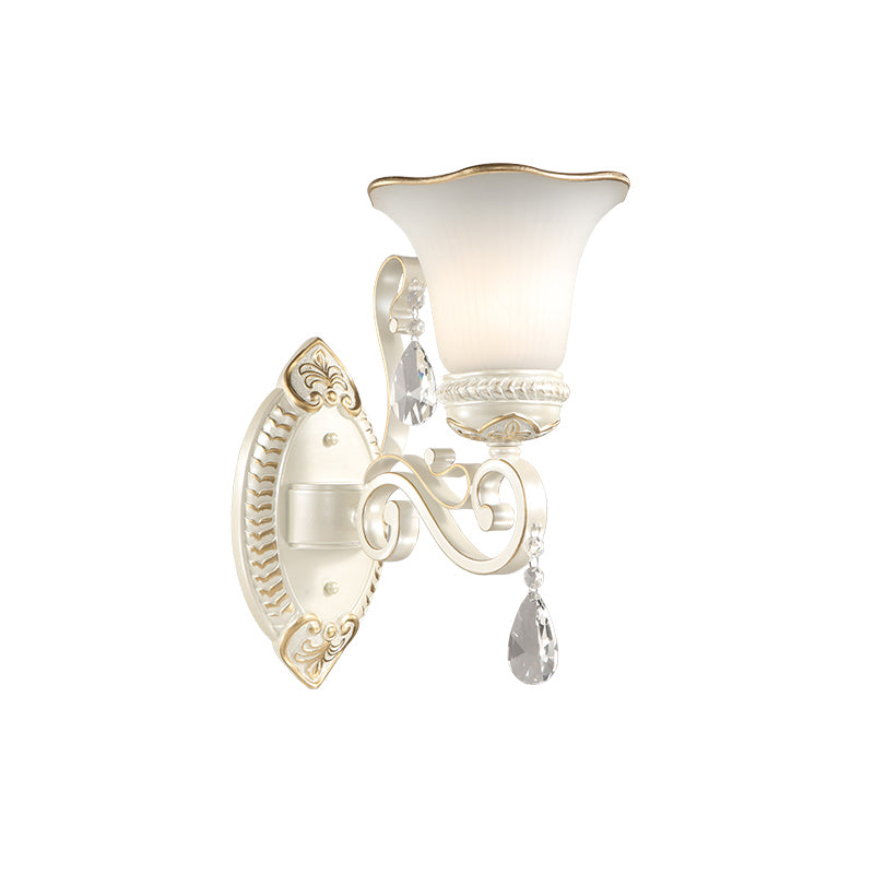 1/2-Bulb Frosted Glass Wall Lamp White Floral Shade Living Room Sconce Light with Crystal Accent