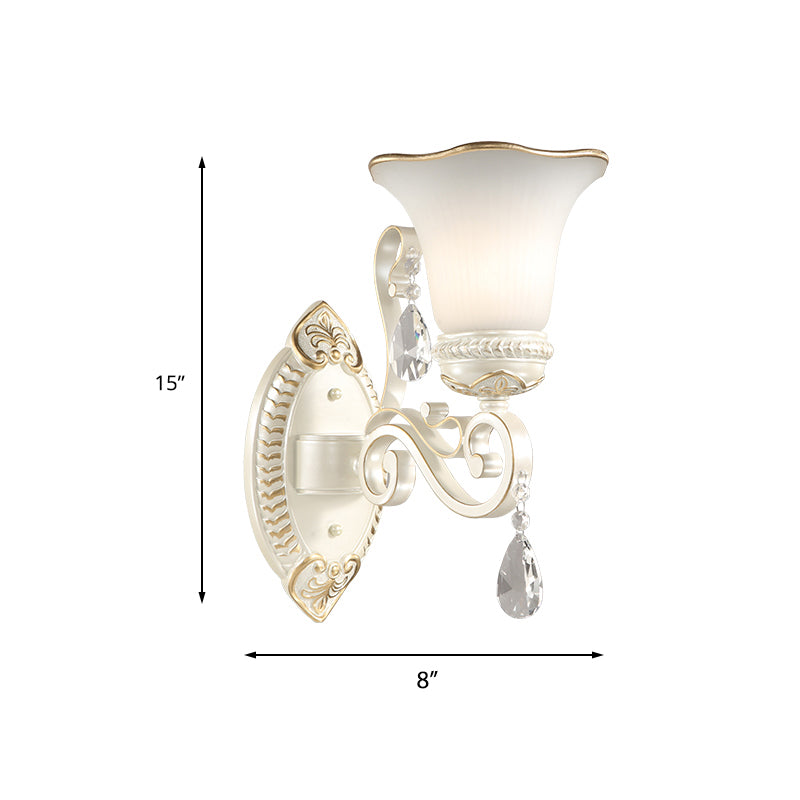 1/2-Bulb Frosted Glass Wall Lamp White Floral Shade Living Room Sconce Light with Crystal Accent