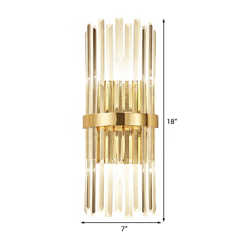 Cylinder Wall Mounted Lamp Contemporary Style Clear Crystal 2 Bulbs Golden Wall Lighting for Living Room