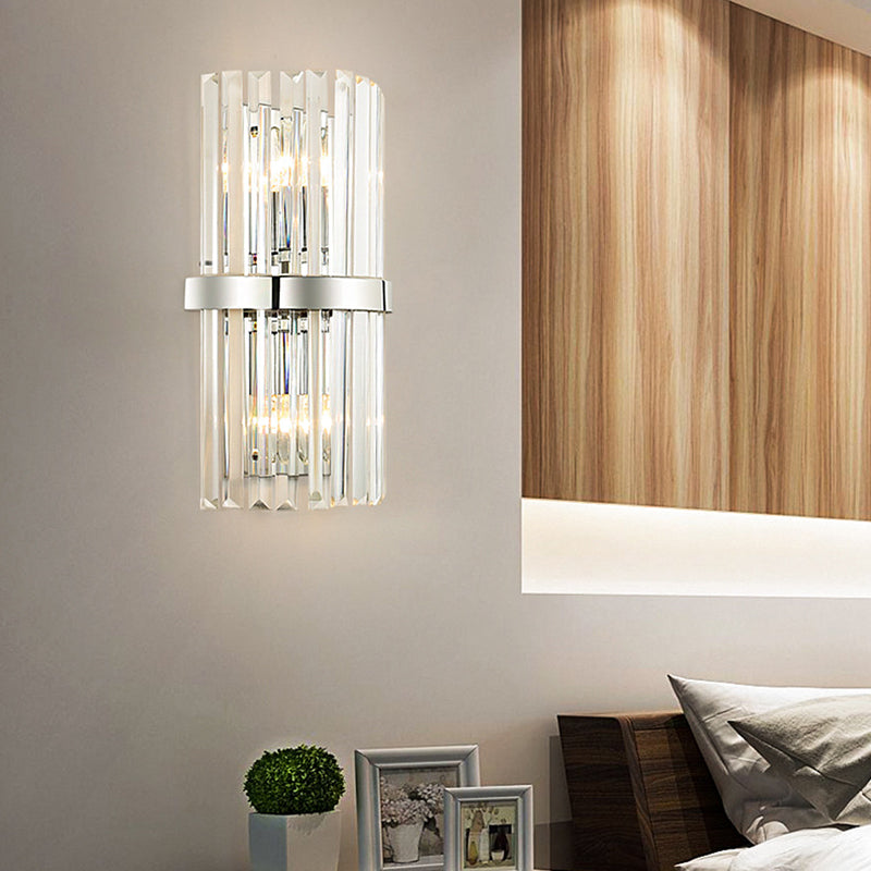 Contemporary Style Cylinder Wall Sconce Fixture Clear Crystal 2 Lights Bedroom Wall Lighting in Chrome