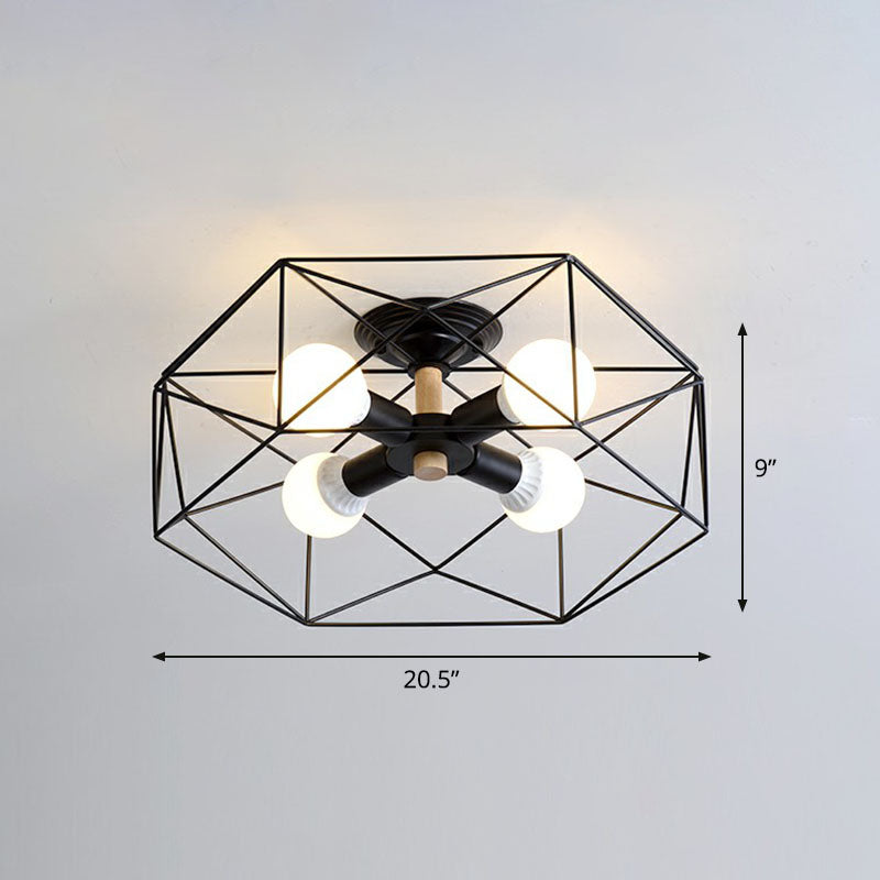 Industrial Fan Cage Semi Flush Mount Iron Flushmount Ceiling Light for Living Room