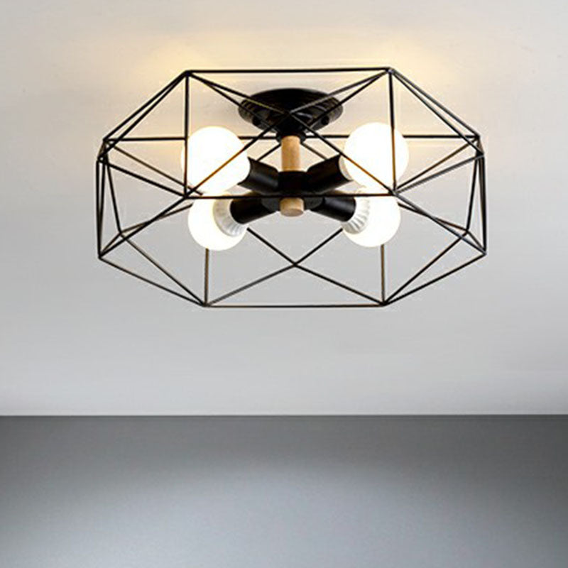 Industrial Fan Cage Semi Flush Mount Iron Flushmount Ceiling Light for Living Room