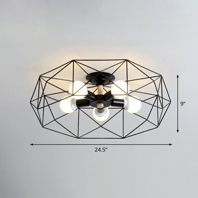 Industrial Fan Cage Semi Flush Mount Iron Flushmount Ceiling Light for Living Room
