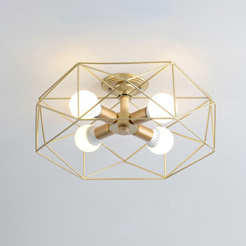 Industrial Fan Cage Semi Flush Mount Iron Flushmount Ceiling Light for Living Room