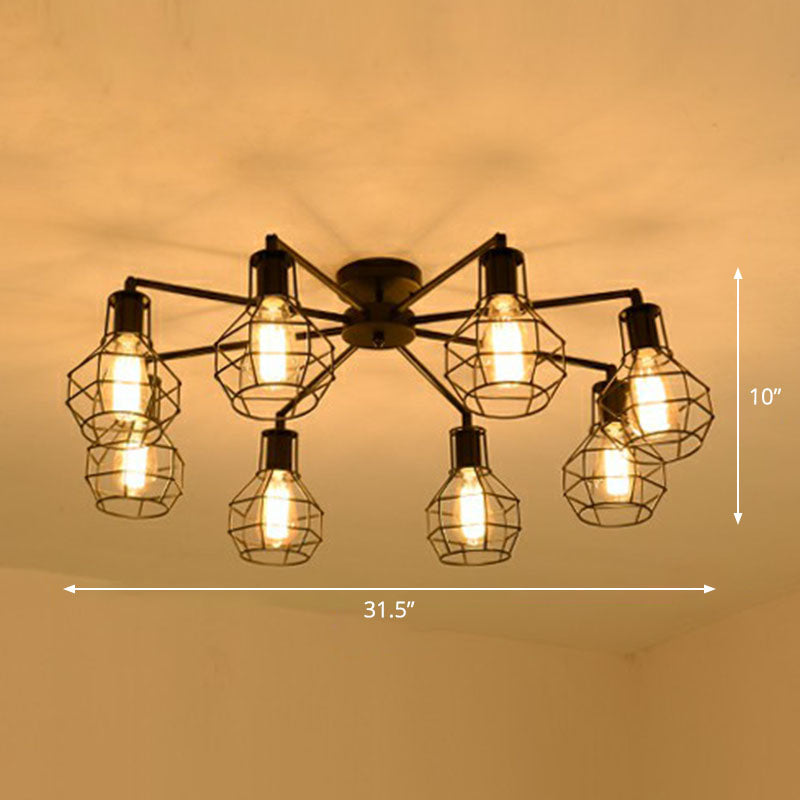Radial Shape Iron Semi Flush Ceiling Light Vintage Restaurant Flush Mount Lighting with Cage in Black