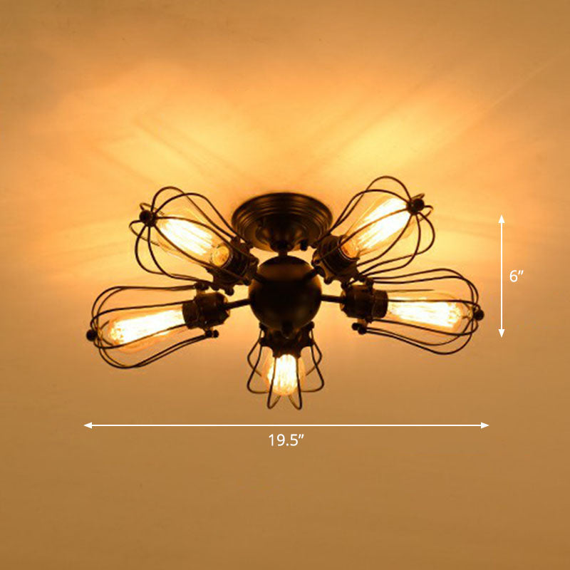 Radial Shape Iron Semi Flush Ceiling Light Vintage Restaurant Flush Mount Lighting with Cage in Black