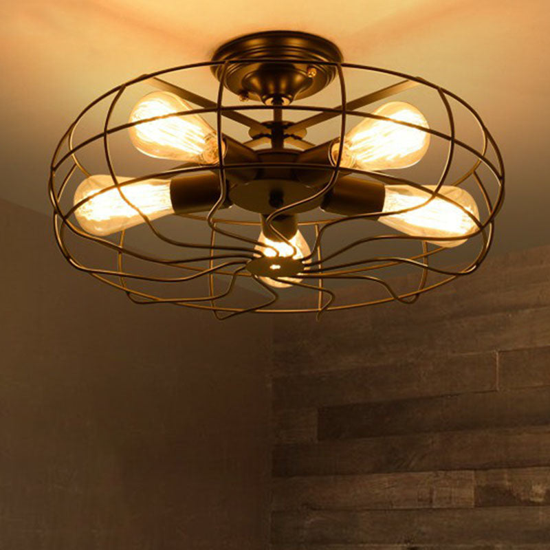Radial Shape Iron Semi Flush Ceiling Light Vintage Restaurant Flush Mount Lighting with Cage in Black