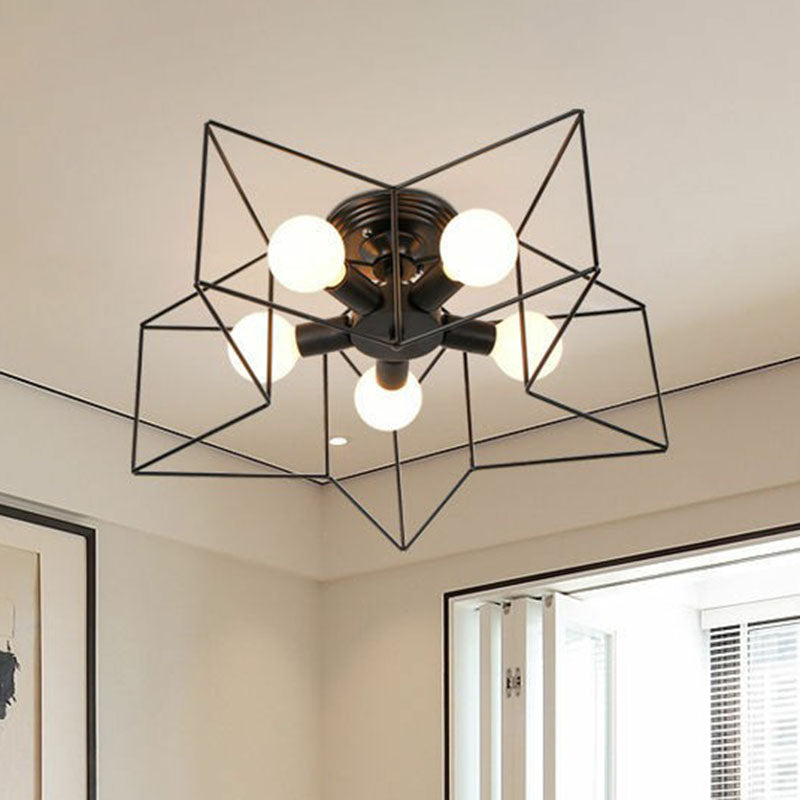 5 Heads Semi Flush Fixture Antique Star Frame Iron Flush Mount Ceiling Light for Bedroom