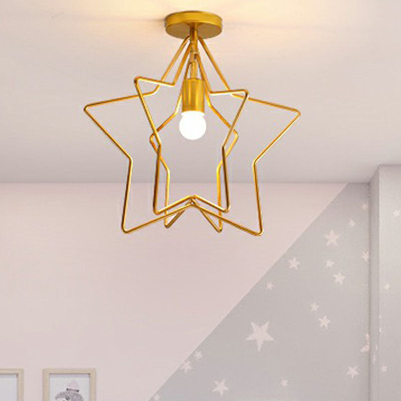 Industrial Star Semi Flush Mount Single Iron Flushmount Ceiling Light in Gold for Corridor