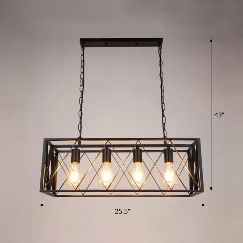 Industrial Cross Framed Box Pendant Light Iron Hanging Island Light in Black for Dining Room