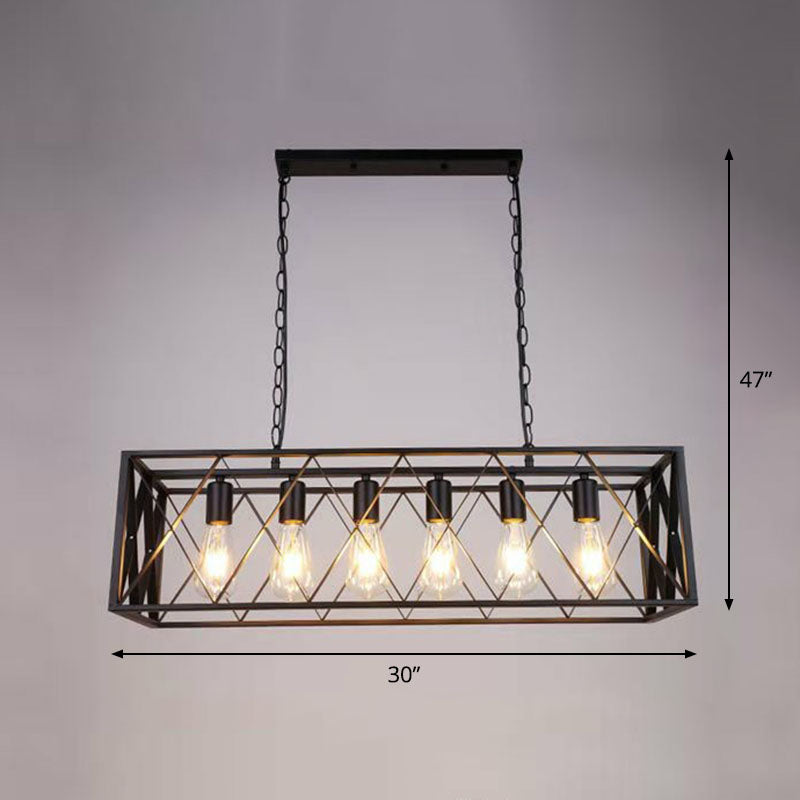 Industrial Cross Framed Box Pendant Light Iron Hanging Island Light in Black for Dining Room