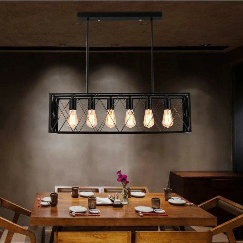 Industrial Cross Framed Box Pendant Light Iron Hanging Island Light in Black for Dining Room