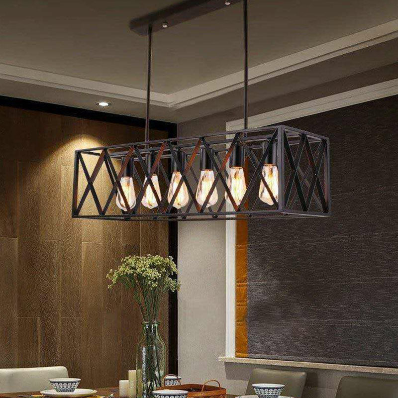 Industrial Cross Framed Box Pendant Light Iron Hanging Island Light in Black for Dining Room