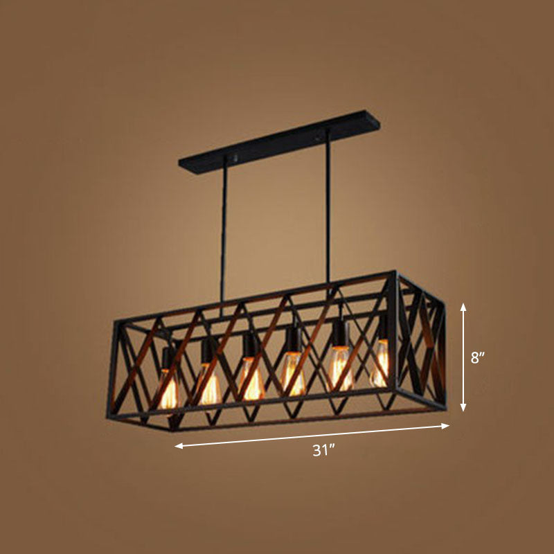 Industrial Cross Framed Box Pendant Light Iron Hanging Island Light in Black for Dining Room