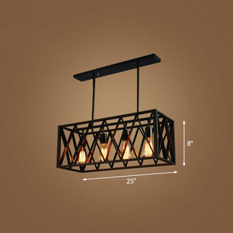 Industrial Cross Framed Box Pendant Light Iron Hanging Island Light in Black for Dining Room