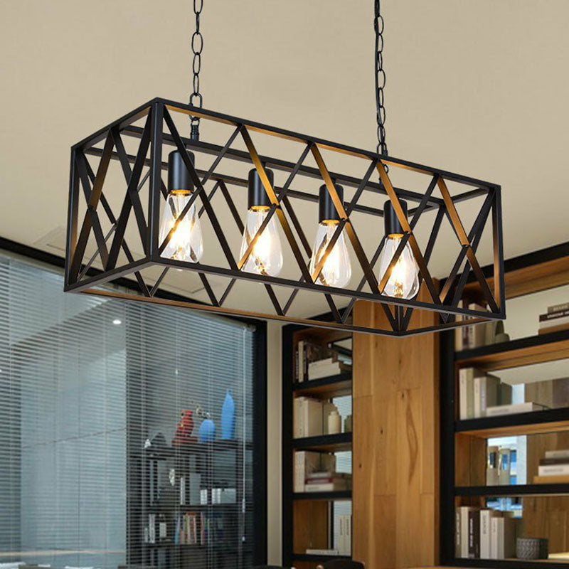 Rectangular Iron Island Pendant Lighting Vintage Dining Room Ceiling Light in Black