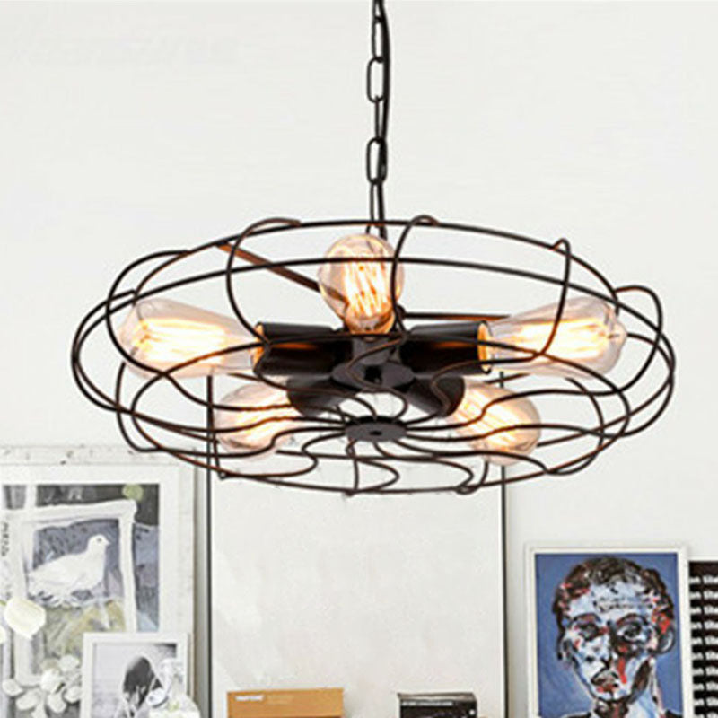 Retro Style Fan Cage Chandelier Pendant Light 5 Heads Iron Hanging Light in Black